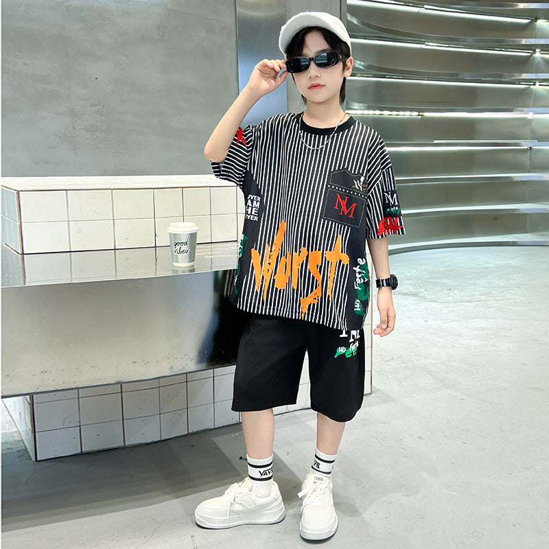 Kids' boys' summer outfit set  new trendy street style summer boys' mid-to-large children's lightweight short-sleeve two-piece fashion set