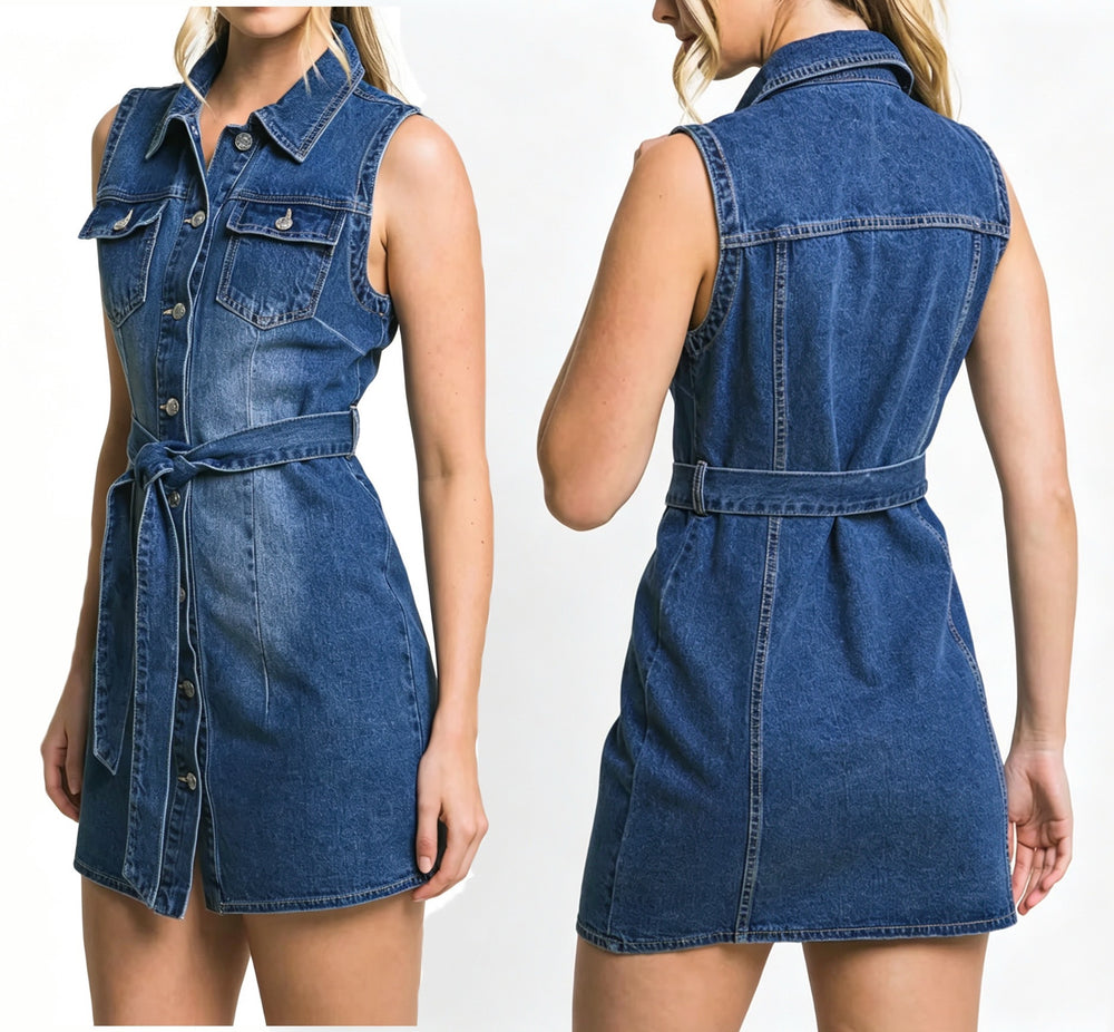 fashion elegant denim dress women's summer  new arrival lapel sleeveless waist slimming lookshort