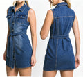fashion elegant denim dress women's summer  new arrival lapel sleeveless waist slimming lookshort