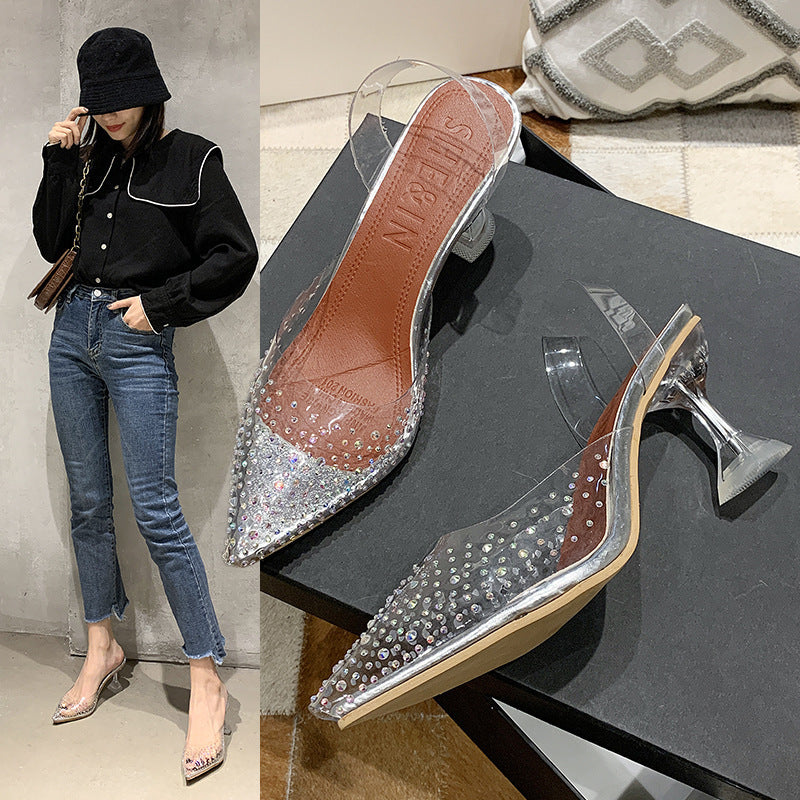 2025 summer new korean style transparent rhinestone stiletto sandals crystal shoes women's high heels plus size export
