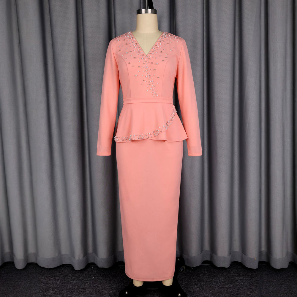 Fashionable banquet fitted ruffle hem bodycon dress - work-ready professional v-neck beaded elegant dress