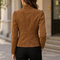 Autumn/winter caramel suede-look jacket - stand collar, three-button, slim fit, cropped length, chic commute, vintage women's outerwear