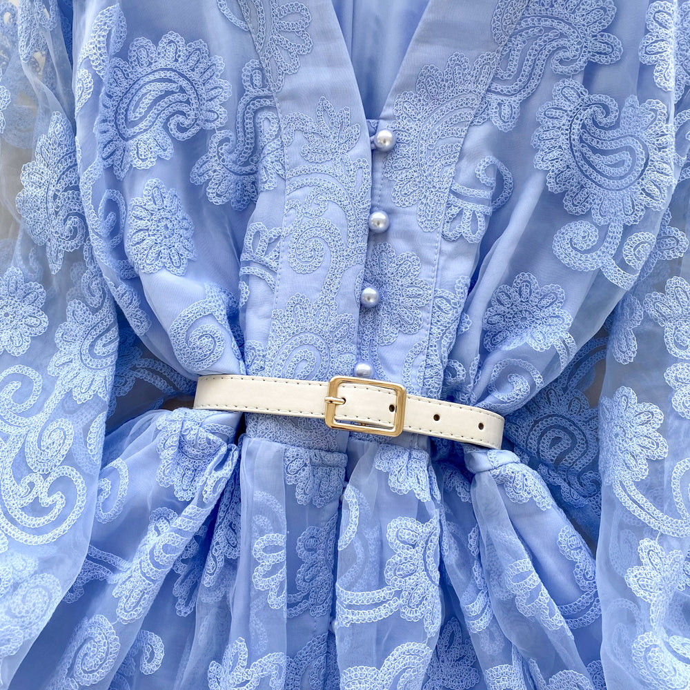 French sweet court style v-neck lantern sleeve heavily embroidered cinched waist slimming single-breasted a-line elegant dress for women