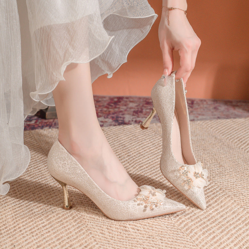 Champagne floral wedding shoes women's stiletto heel 2025 new crystal high heels banquet bridal shoes