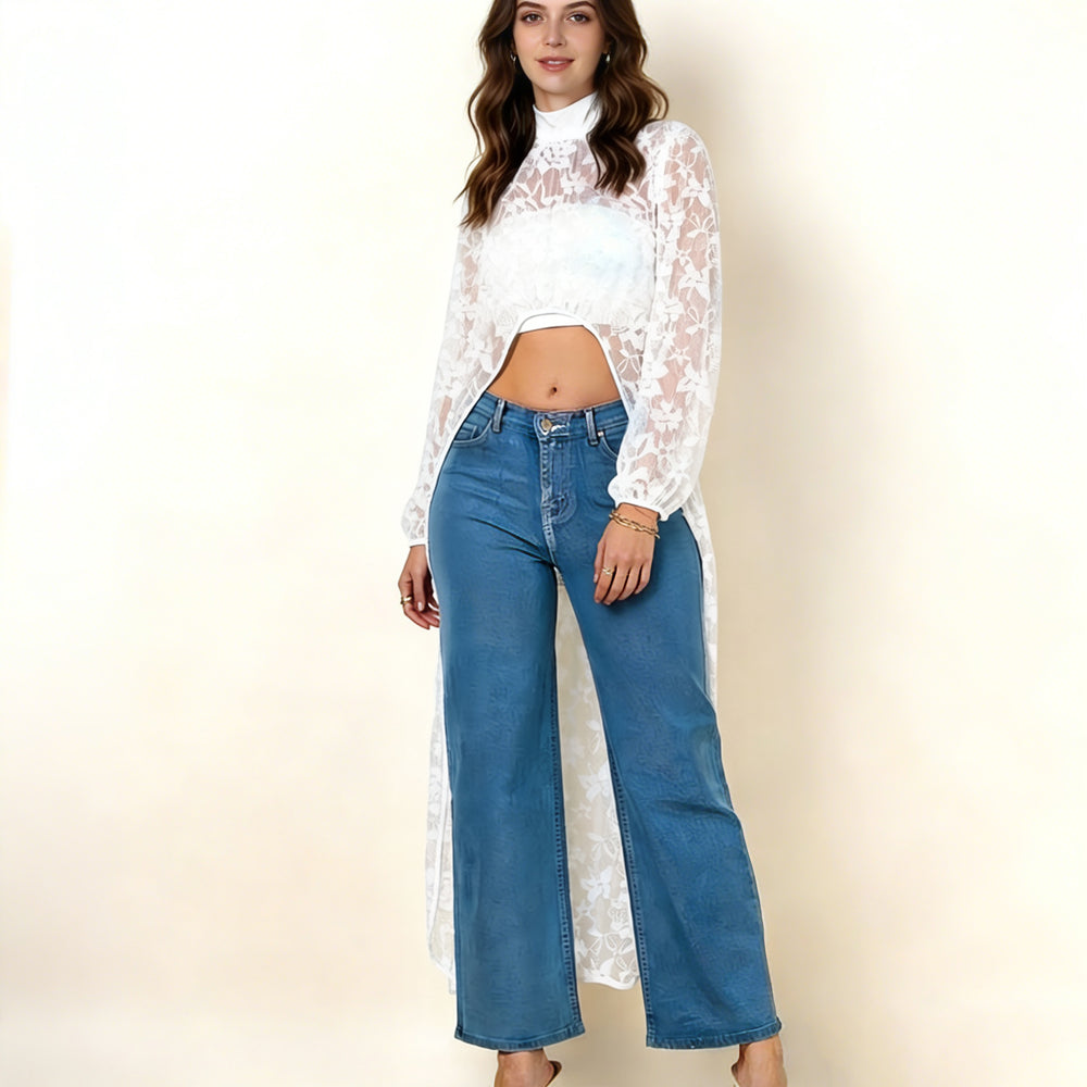 spring/summer european and american cross-border new arrival:  independent site women's lace floral high-low sheer top
