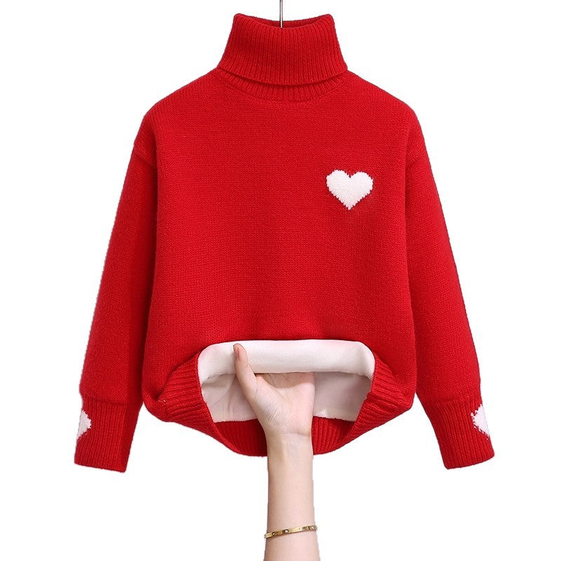 Girlsweater high collar fleece-lined winter kids heart woolentopsgirlwinterthickened bottomknitting shirt