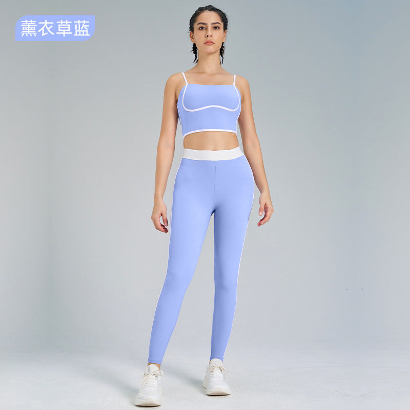 Fashion cross-border sports yoga suit two-piece set naked double-sided brushed outdoor running fitness sling yoga clothes