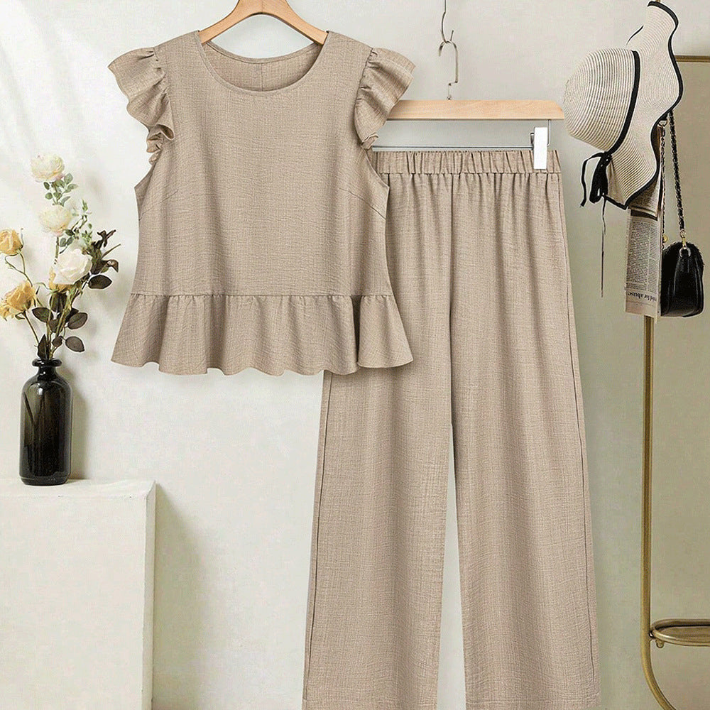 European and american cross-border women's short-sleeve set:  summer new arrival - stylish flutter sleeve top and wide-leg pants two-piece set