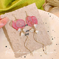 French fairy pink flower tassel stud earrings - unique, high-end, statement earrings for women - beach vacation style, niche jewelry