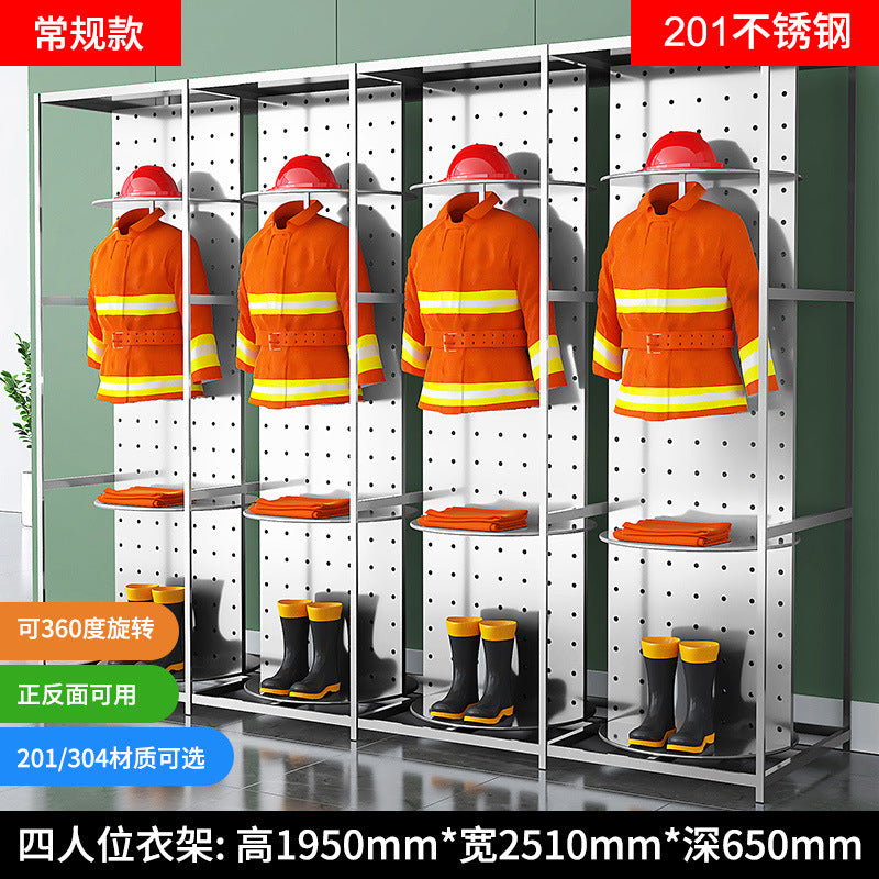 Stainless steel fire fighting clothes rack Double-sided rotating rescue team equipment rack Fire and chemical protection life-saving clothing storage rack
