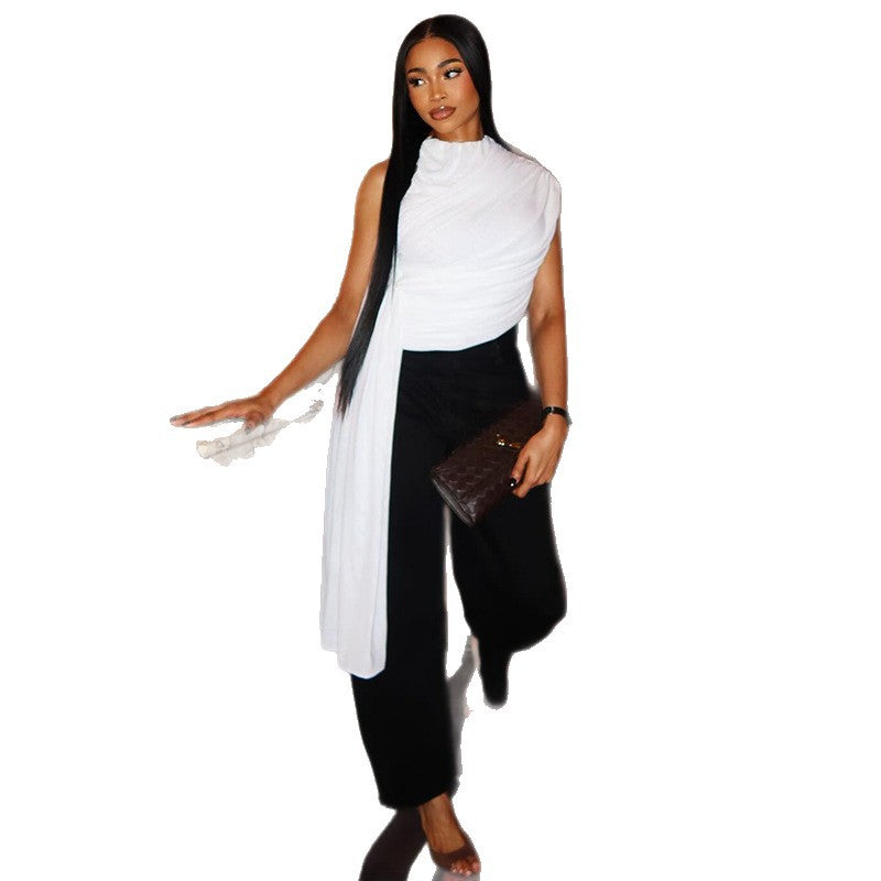 European and american style ins cross-border stylishpure color women's short street strap t-shirt asymmetrical round neck sleeveless summertops