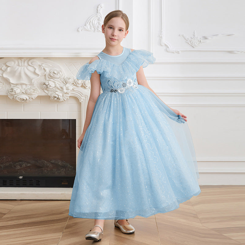 Custom-made tulle dress for girls, european and american style, off-the-shoulder princess dress, elegant long dress for children's birthdays, high-end dress for little girls