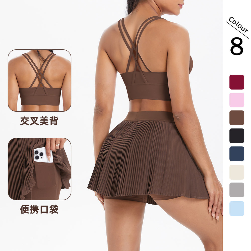 fashionpure color tight brushed cross back short skirt two-piece set running fitness training yoga suit