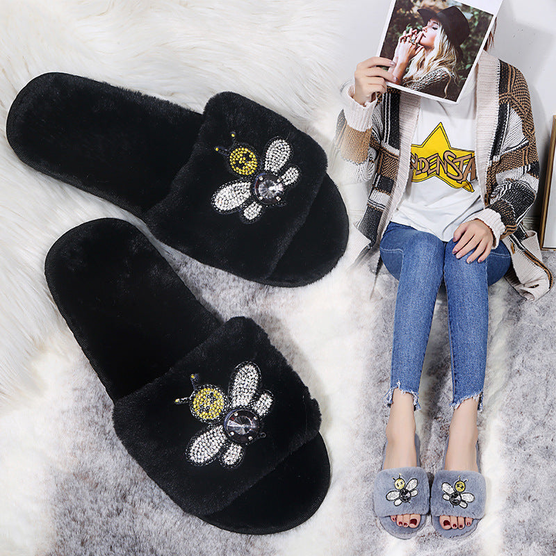 Fashionexport cross-border direct supply slippers 2024new arrival cartoon diamond flat bottom slippers for women slippers