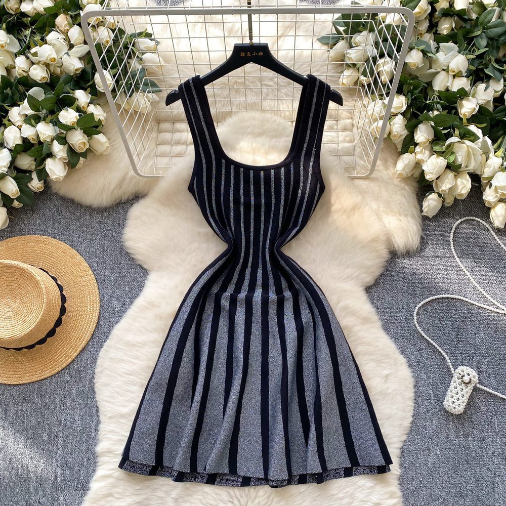Knitted dress women's  summer new arrival - high-end square neck sleeveless cami dress with cinched waist and sparkling a-line mini skirt
