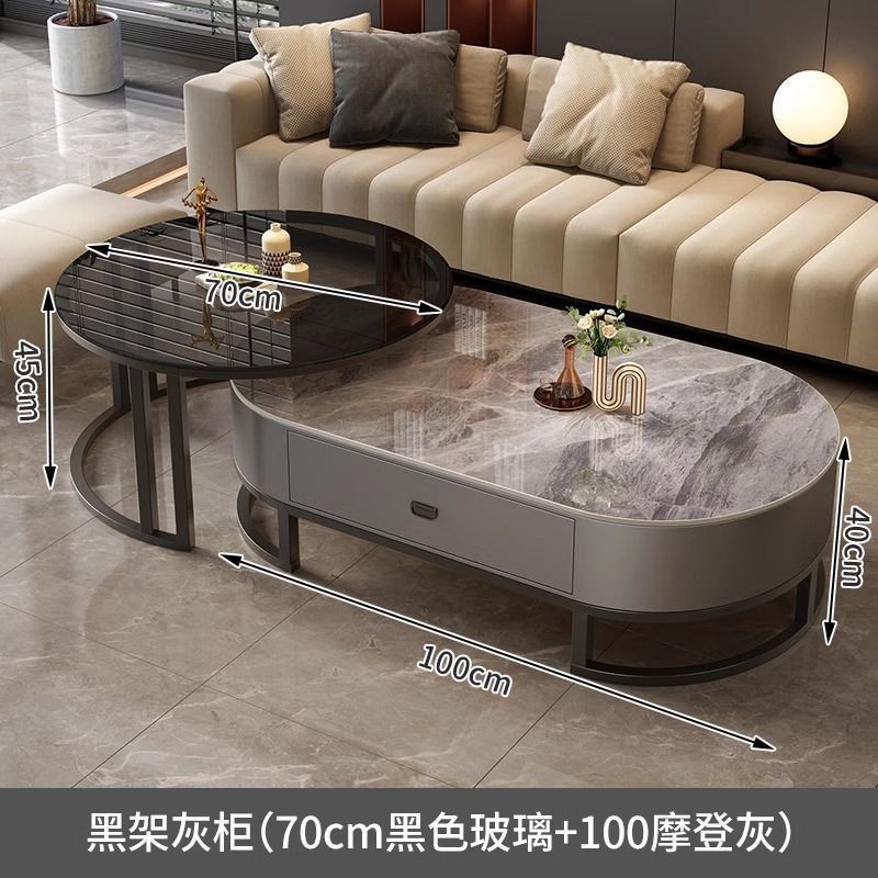 Italian light luxury oval glass coffee table living room home tea table high-end marble combination coffee table set