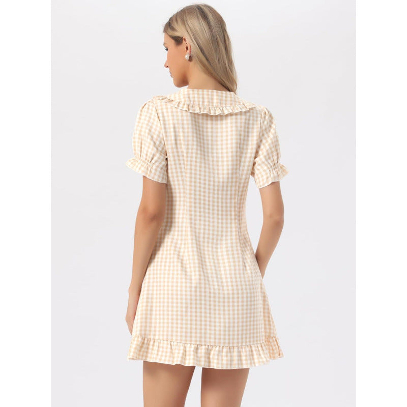 Amazon european and american plaid wood ear dress for women  summer new style puff sleeve doll collar skirt