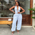European and american women's clothing  autumn new sweet and fresh striped halter neck high waist slimming tapered leg jumpsuit pants