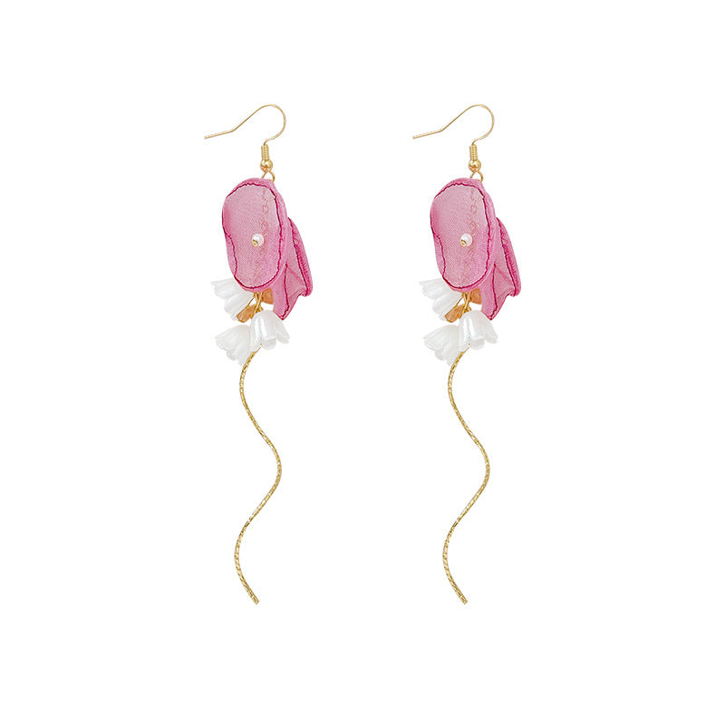French fairy pink flower tassel stud earrings - unique, high-end, statement earrings for women - beach vacation style, niche jewelry
