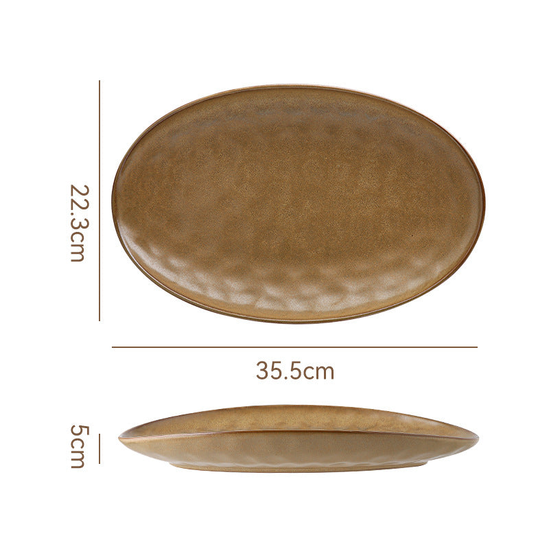 Retro stoneware oval ceramic long plate restaurant for home large capacity stylish fish plate sushi pastry dessert plate