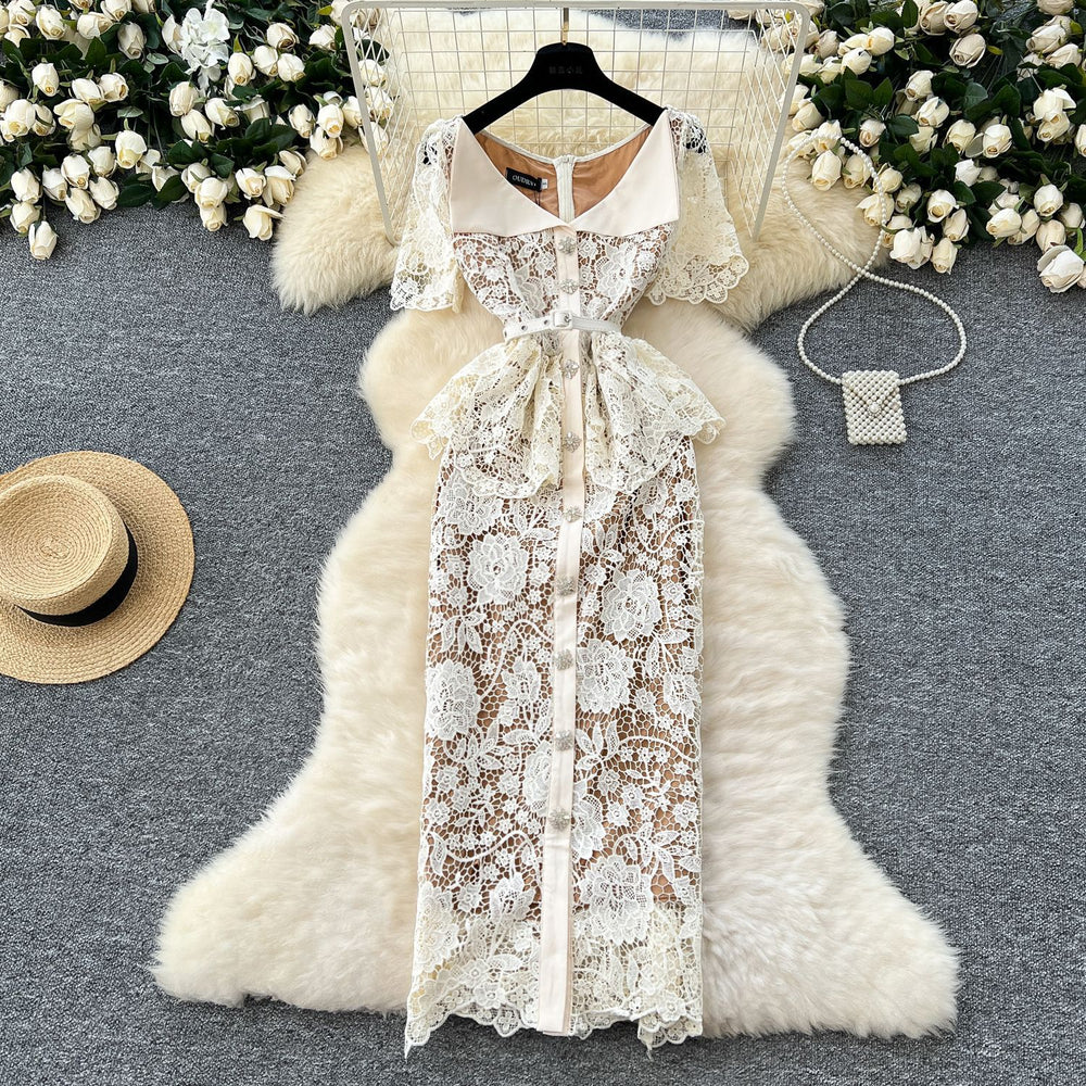 Classy sense of fragrance dress for women frenchelegance diamond-breasted silm lapel short-sleeved cut outlacedress