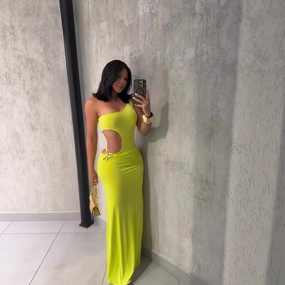 European and american cross-border women's fashion:  autumn new arrival - solid color sleeveless asymmetrical neck one-shoulder cutout off-shoulder maxi dress