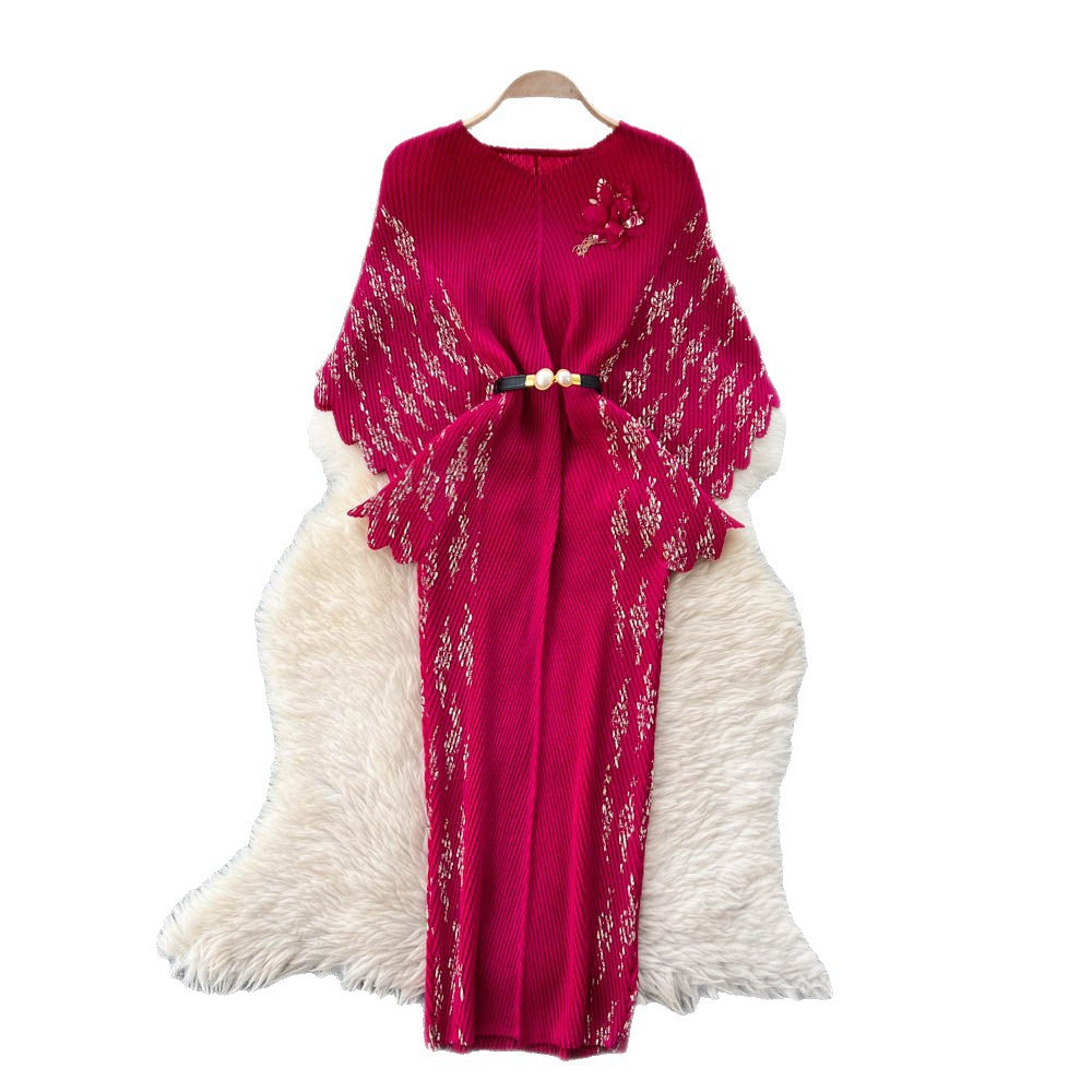 Miya pleated european and american dress - fashionable 3d floral tie-waist printed pleated slim-fit batwing sleeve maxi dress