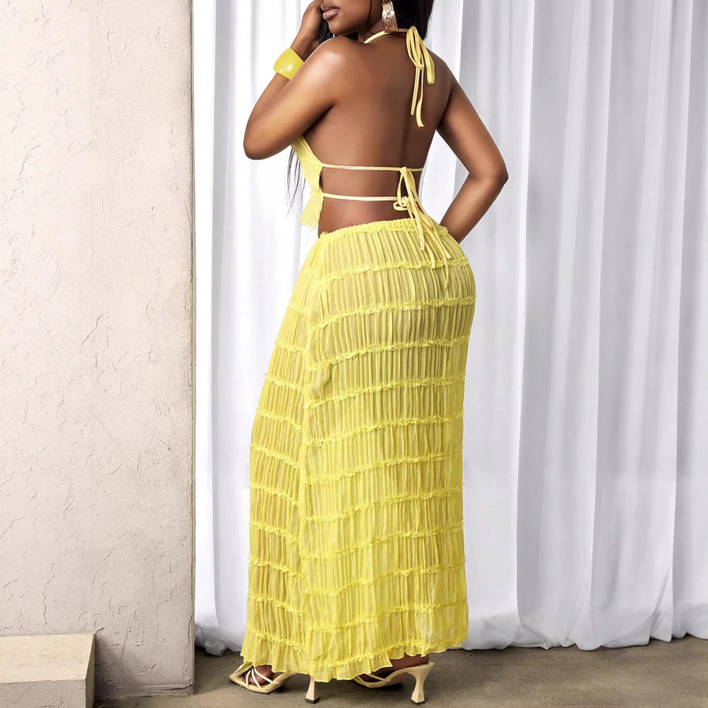 Lace-trimmed tank top summer set - sleeveless, backless, halter neck, flowy skirt - perfect for beach photoshoots (cross-border )