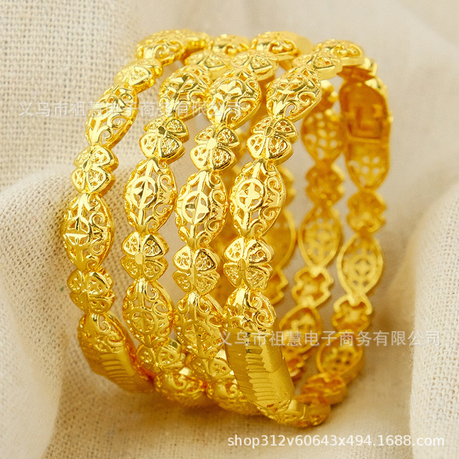 Wholesale middle eastern women's floral hollow-out design bangle dubai gold-plated luxury bracelet