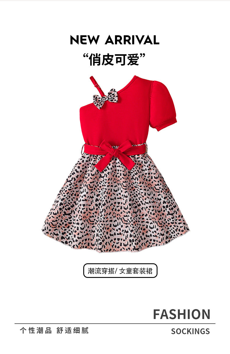 Exportgirldress red oblique shoulder suspender skirt topsleopard print skirt bows belt kids skirt