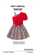Exportgirldress red oblique shoulder suspender skirt topsleopard print skirt bows belt kids skirt