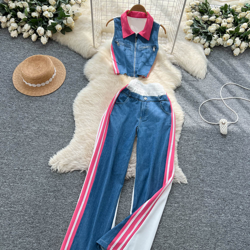 Age-reducing suit for women young lady style classy floral short-sleeved pleated tops + high waistcasualpants two-piece suit
