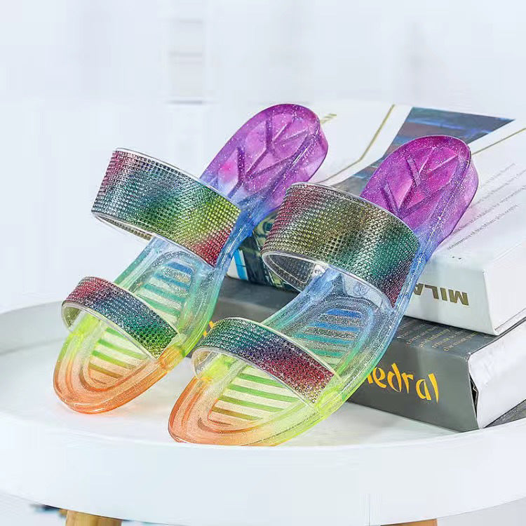 Women's slippers summer 2024 new fashion rhinestone stylish ladies' outdoor wear girly heart flat one-strap crystal sandals