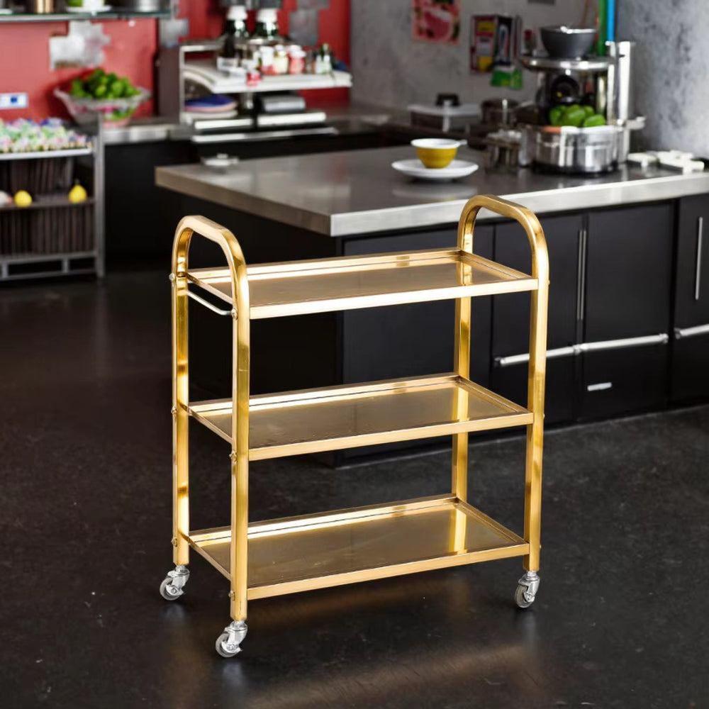 Heavy-duty three-tier stainless steel serving cart - efficient food delivery cart for hotels and restaurants - ready to ship