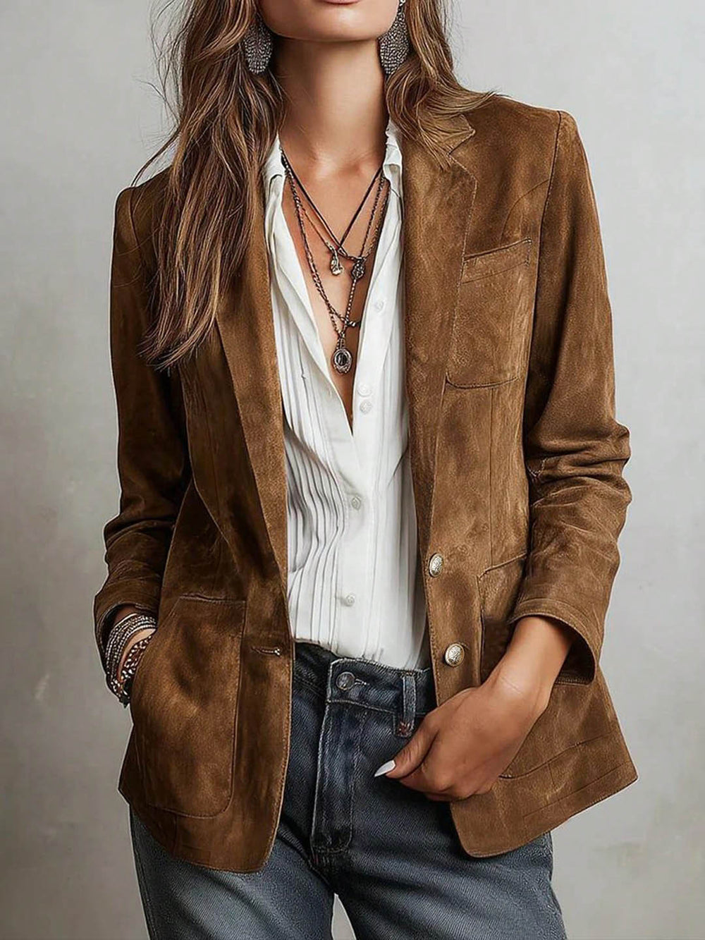 European and american cross-border retro style women's outerwear - tan textured lapel single-breasted pocket design casual blazer