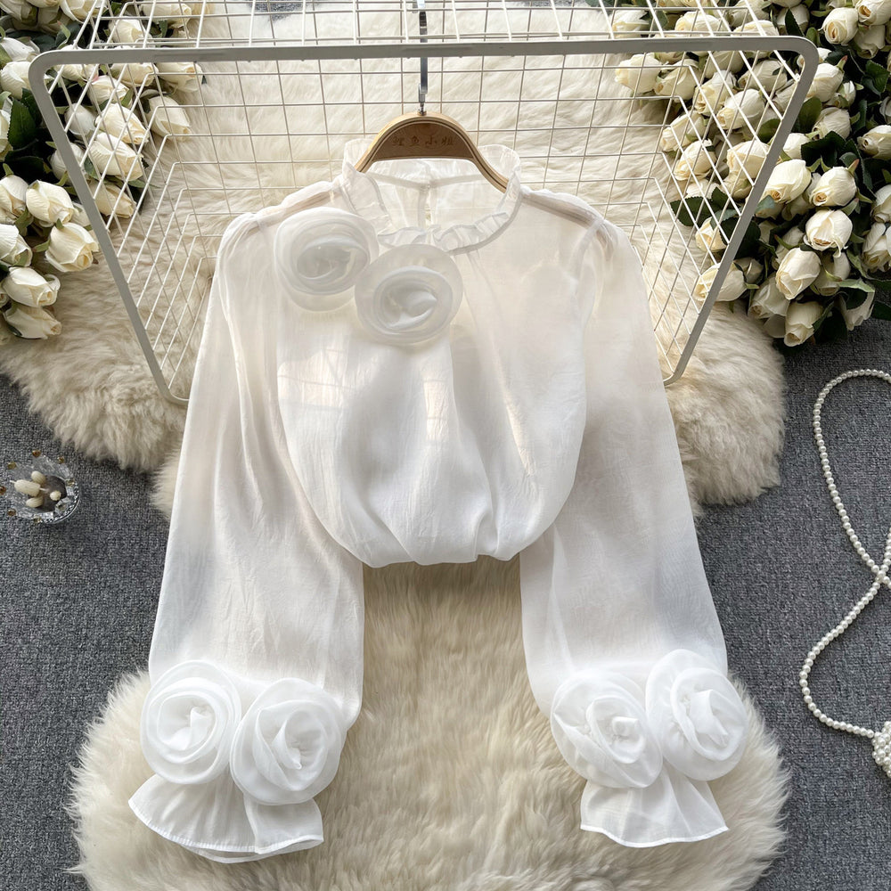Frenchshirt women's sense of designniche style stereo flower puff sleeves age reduction easiest for matchpure color chiffon shirt women's long sleevestops