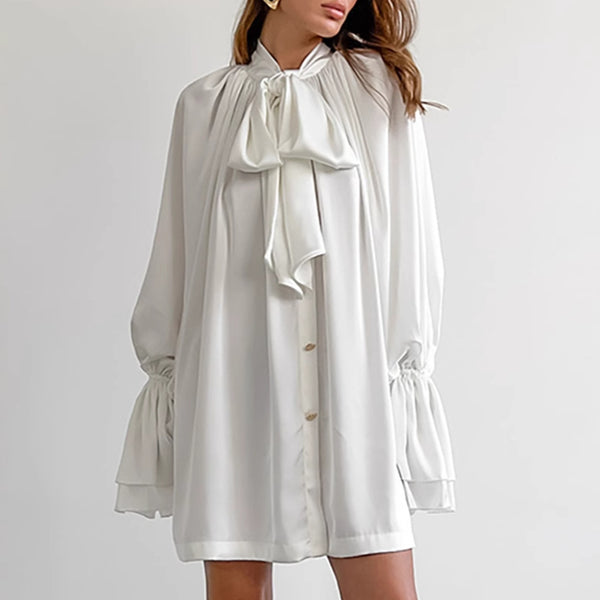 European and American  women's clothing new satin texture streamer white lace-up loose shirt skirt horn sleeve dress