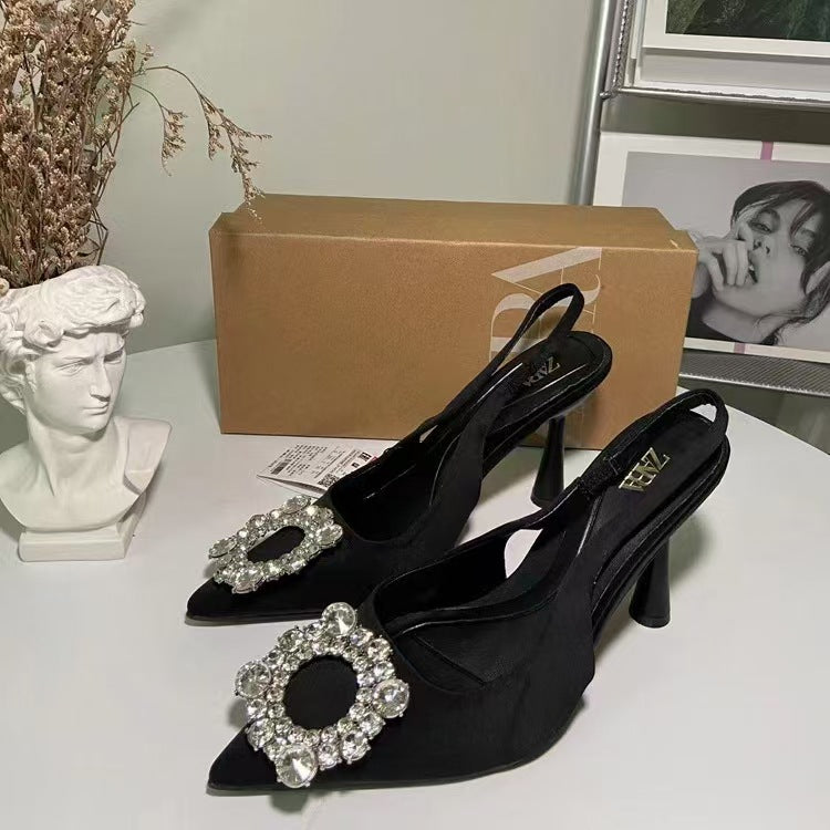Za dtm2024springnew arrival thin heel flats black high heel pointed elegant tweed style mule shoes flats women