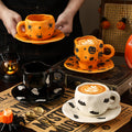 Creative halloween-themed ceramic cup and saucer set, featuring an irregular design with pumpkin and bat motifs. perfect for coffee or tea