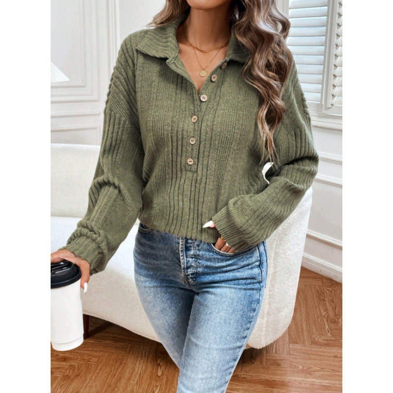 cross-border women's ribbed knit half-open cardigan with stand collar, puff sleeves, and relaxed fit