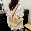 Large capacity straw woven bag women's new patchwork striped handbag fashionable knitted bag high-end tote beach bag