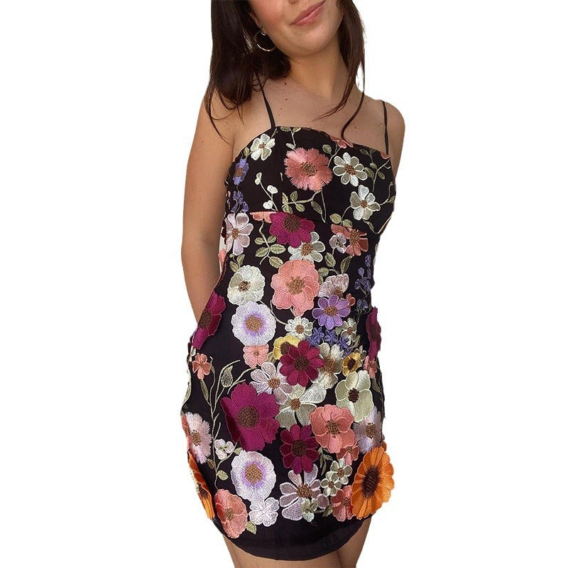 2025 spring new arrival: elegant and chic 3d floral mesh panel heavy embroidery cami dress - mini skirt