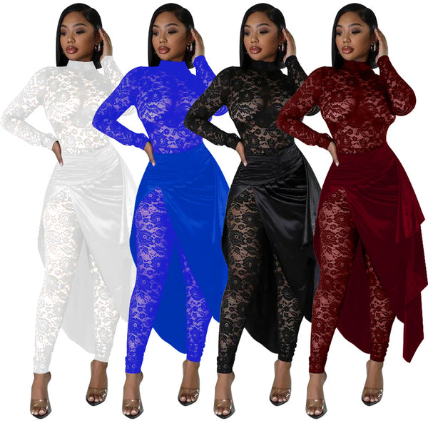 K10720  popular European and American fashion women's clothing sexy lace jumpsuit simulation silk skirt set new