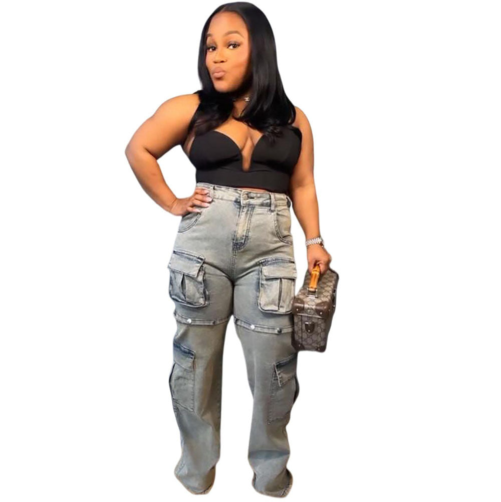 European and american style women's multi-pocket jeans -  cross-border fashionable and unique detachable button straight-leg pants