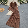 European and american retro style mature woman's minimalist chic set - spring puff sleeve top + elastic waist slimming midi skirt