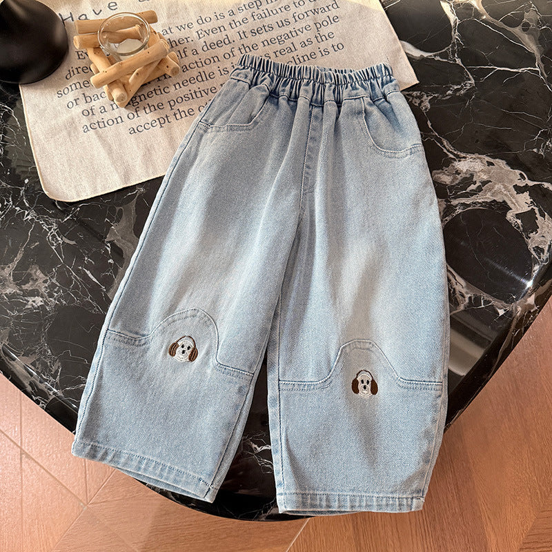 Spring new girls' trendy cartoon puppy jeans - stylish korean-style kids' pants for baby girls