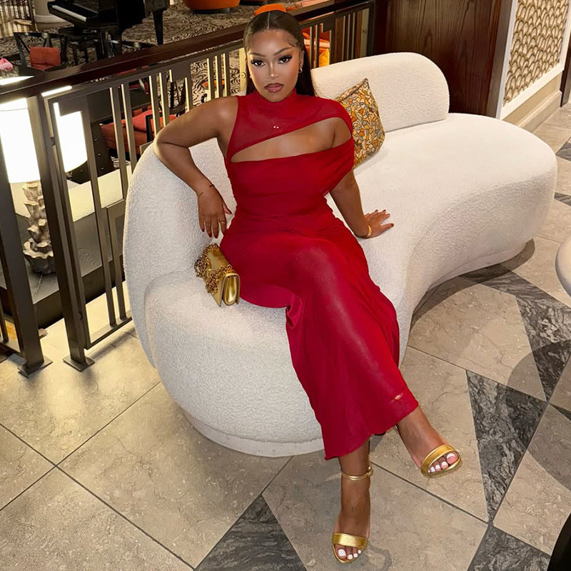 European and american style export design solid color women's elastic asymmetrical trendy bodycon dress with tie-up round neck and cutout long dress
