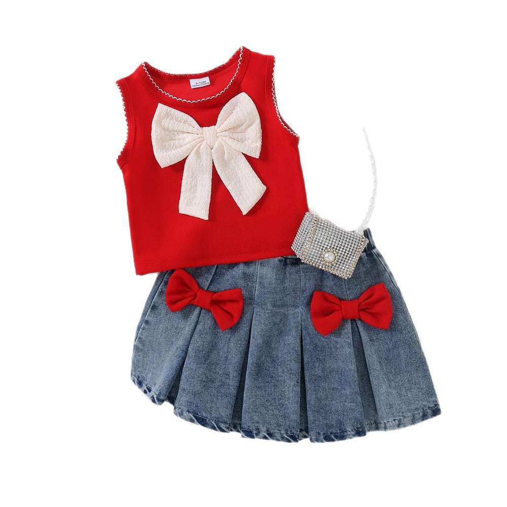 Kids clothing cross-border exclusive for european and american girls new arrival kids red vest + blue skirt baby