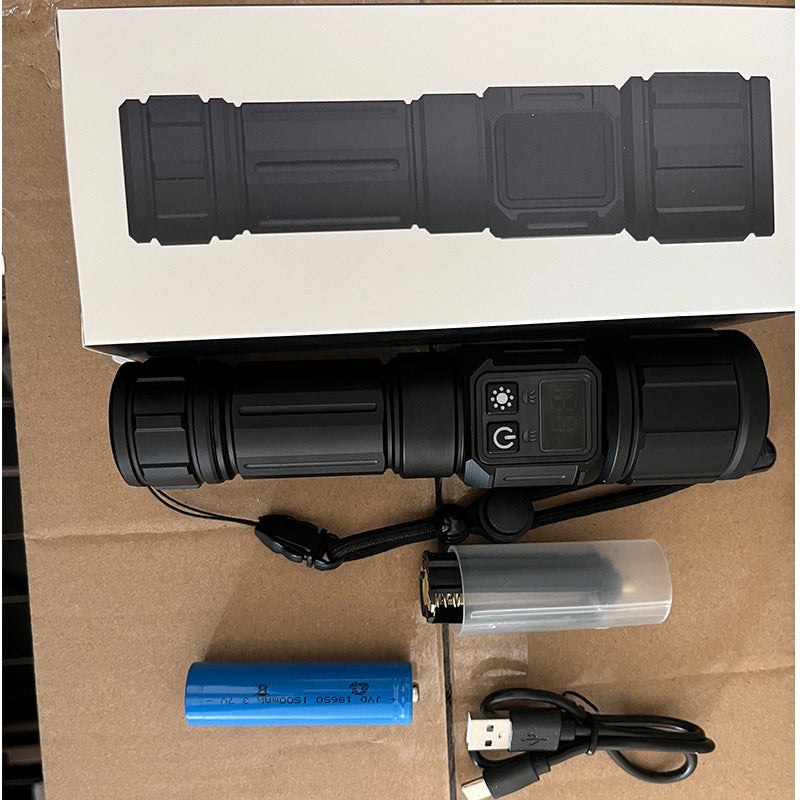 Cross-border white laser + COB strong light flashlight USB charging outdoor zoom smart screen display magnetic LED flashlight