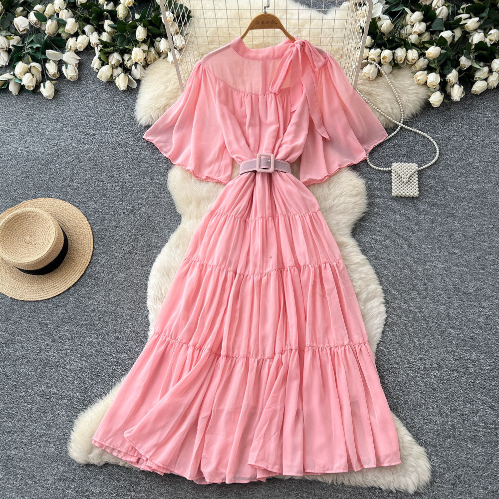 French court style lantern sleeve tiered dress - women's summer tie-waist a-line maxi dress - slimming & elegant